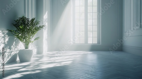 Chic white interior with herringbone floor

 photo