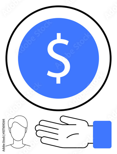 Dollar sign in a blue circle, minimalistic outline of a person and an open hand. Ideal for finance, business, economics, transactions, payments, support assistance. Line metaphor