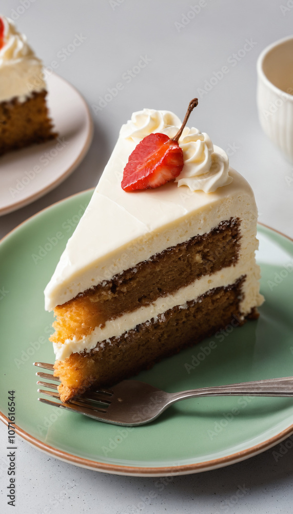 A high-angle shot of a slice of cake on a plate with frosting A high-angle shot of a slice of cake on a plate with frosting