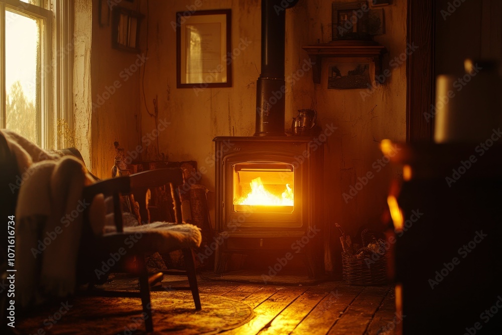 Fototapeta premium Cozy fireplace warms rustic room with wooden floor.
