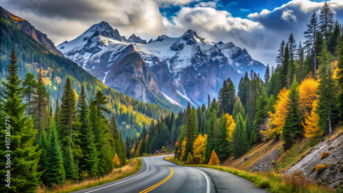 road in mountains. mountain, landscape, mountains, forest, nature, sky, snow, canada, road, tree, travel, view, alps, trees, peak, valley, park, summer, winter, scenic, alberta, rocky, tourism, glacie photo