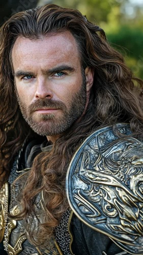 A man with long, brown hair and a beard stares intensely at the camera while wearing medieval armor