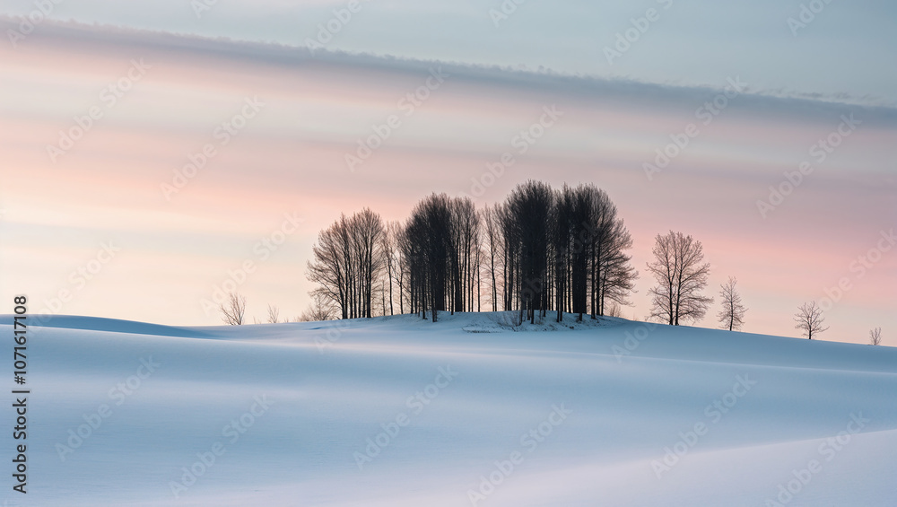 Cluster of trees on snowy hill under pastel colored sky Cluster of trees on snowy hill under pastel colored sky