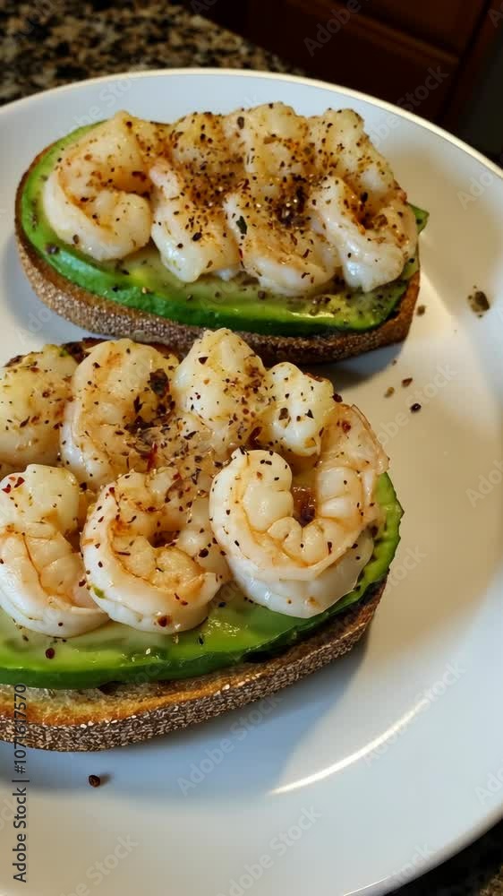 Two shrimp and avocado toast on a white plate Two shrimp and avocado toast on a white plate