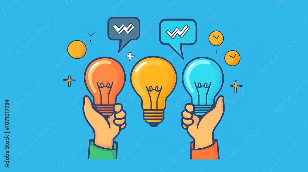 A flat illustration of two hands holding idea light bulb A flat illustration of two hands holding idea light bulb