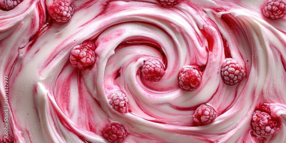 A detailed view of a raspberry swirl dessert. The dessert features a beautiful swirl design made with rich raspberry flavor, capturing its deliciousness.