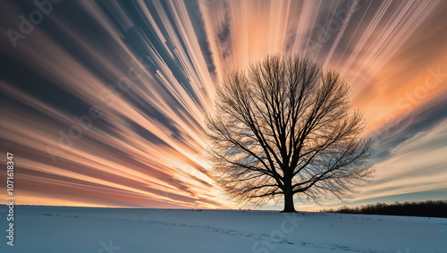 Dramatic tree silhouette under radiant and colorful sky swirls. photo