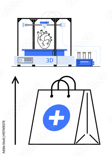 3D printer with heart model beside medical supply bag symbolizes innovation in healthcare. Ideal for themes on technology, medicine, innovation, healthcare, future trends, bioprinting, accessibility