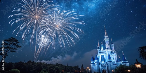 A whimsical fairytale castle illuminated against a backdrop of sparkling fireworks and a starry night sky