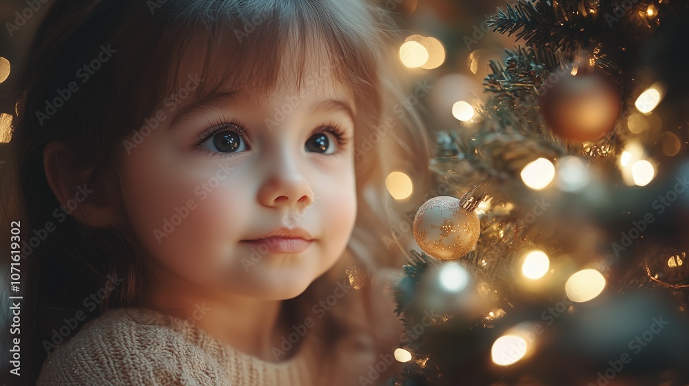A young child gazes at glowing Christmas tree lights, filled with wonder and holiday spirit, capturing the essence of festive joy. A young child gazes at glowing Christmas tree lights, filled with wonder and holiday spirit, capturing the essence of festive joy.
