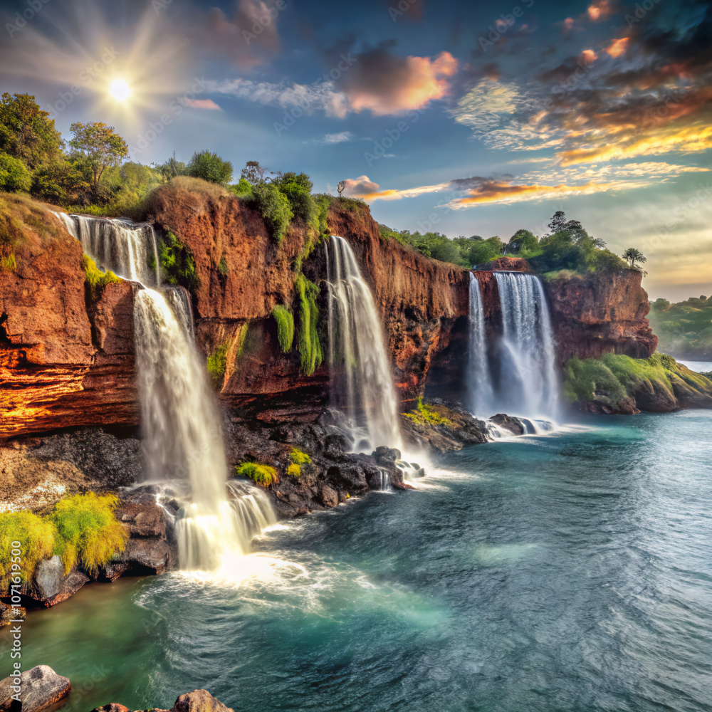 Fototapeta premium waterfall and rainbow. waterfall, water, nature, river, cascade, landscape, forest, stream, rock, fall, falls, flowing, green, park, stone, flow, beautiful, creek, natural, spring, wet, travel, rocks,