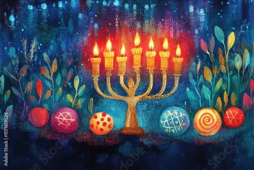 Colorful Menorah with Decorative Symbols for Celebration photo