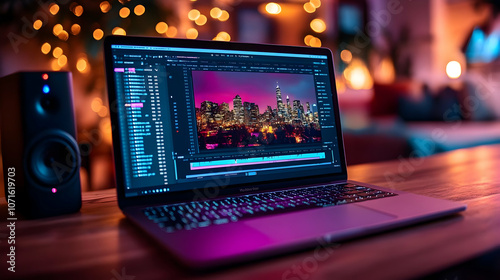 Laptop with City Skyline Il...