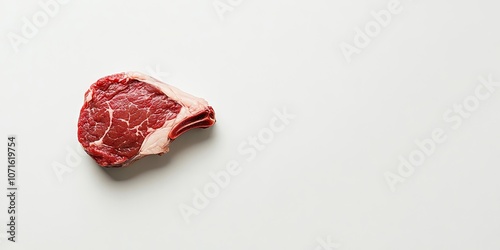 A solitary raw pork steak placed against a white backdrop, providing ample room for adding text or further information. Ideal for showcasing the pork steak clearly. photo