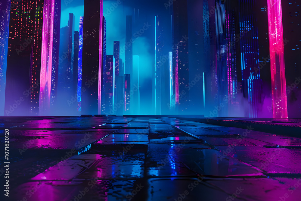 Obraz premium vibrant futuristic neon cityscape illuminating the dark concrete with ethereal glow. generative ai