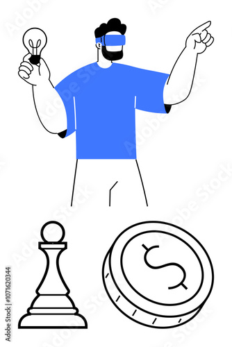 Man wearing VR headset holding a light bulb and pointing forward, suggesting ideas and innovation. Chess pawn and coin symbols below. Ideal for technology, virtual reality, business strategy