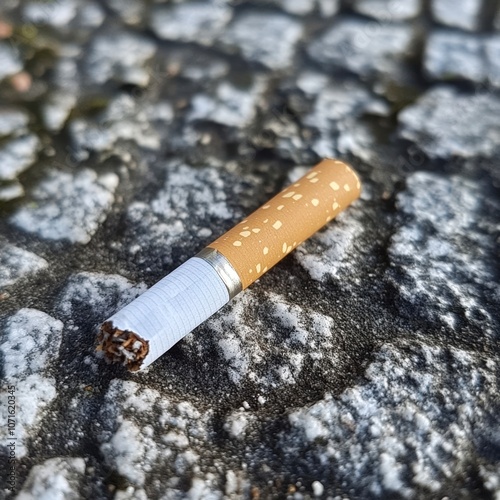 A close-up of a discarded cigarette resting on a cobblestone pavement, symbolizing themes of waste and urban life, Ideal for articles on smoking, littering, and social issues, photo