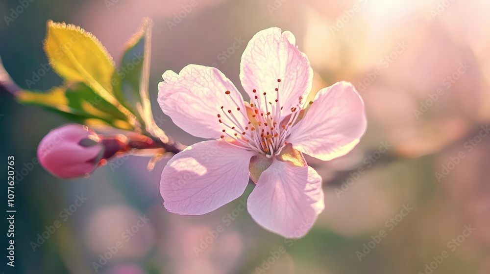 Fototapeta premium Delicate Pink Blossom in Warm Sunlight