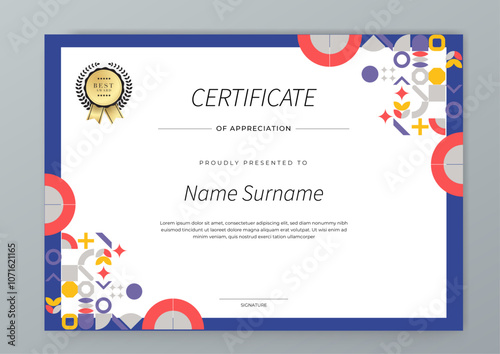 Modern Geometric Certificate Template With Award Badges. Professional certificate template featuring modern geometric design with abstract shapes