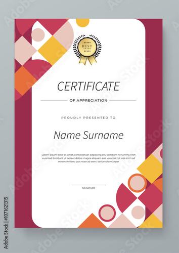 Modern Certificate of Appreciation Template with Colorful Geometric Design. Simple certificate template featuring vibrant geometric patterns. Ideal for awards, achievements, and recognition events
