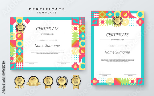 Modern Certificate of Appreciation Template with Colorful Geometric Shape Design. Simple certificate template featuring vibrant geometric patterns. Ideal for awards, achievements, and recognition