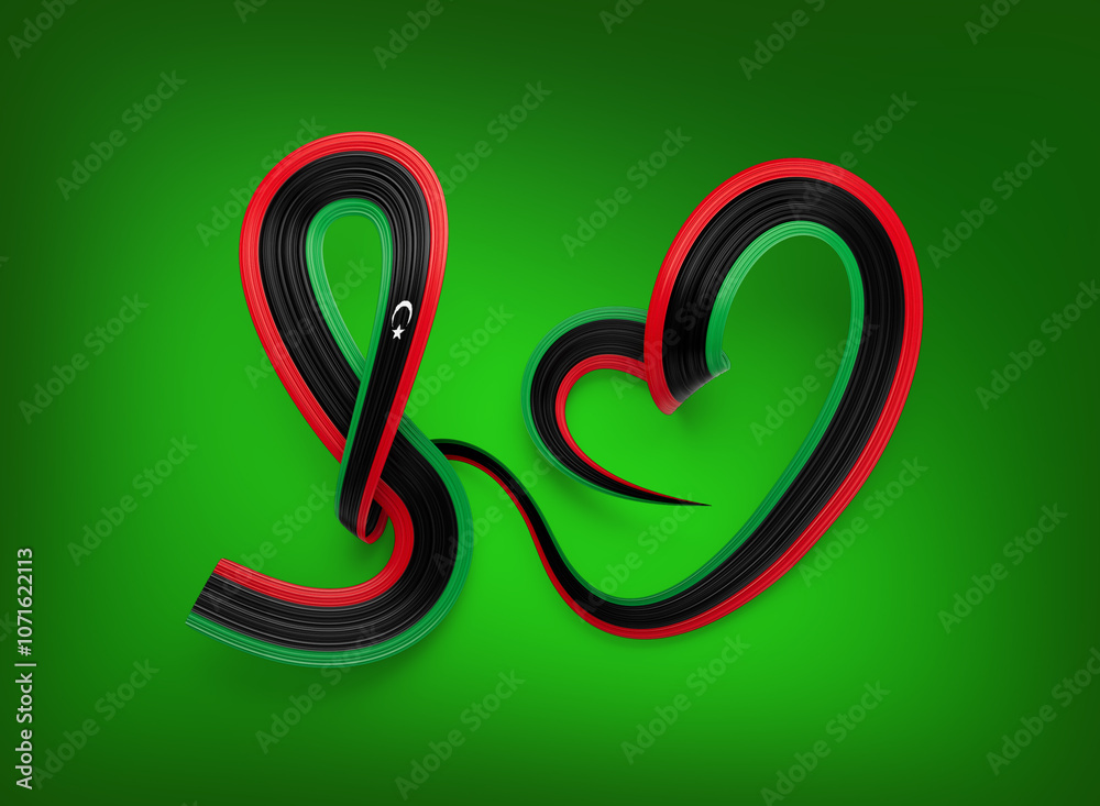 Obraz premium 3d Flag Of Libya 3d Shiny Waving Libya Heart Ribbon Flag On Green Background 3d Illustration