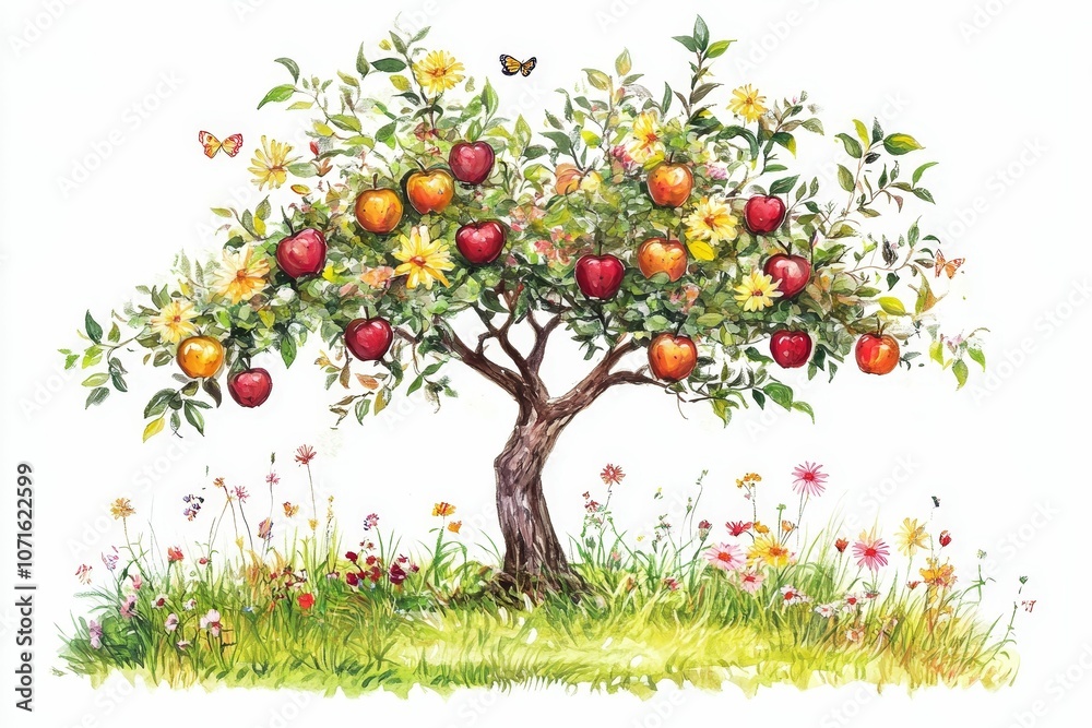 Watercolor painting of an apple tree with butterflies. Watercolor painting of an apple tree with butterflies.