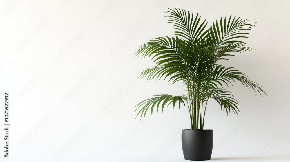 Obraz premium A Single Palm Tree in a Black Pot Against a White Wall