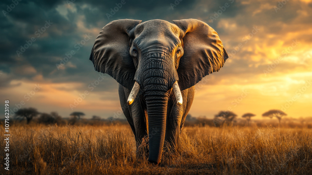 Fototapeta premium Majestic elephant walking through golden grasslands at sunset in the African savanna