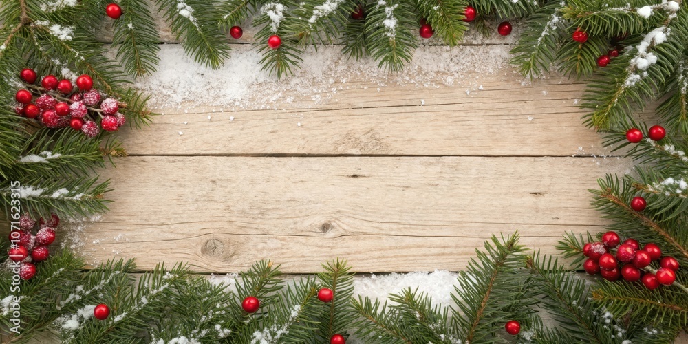 Rustic Wooden Background with Evergreen Branches and Red Berries, Adorned with a Light dusting of Snow, Creating a Festive Winter Wonderland Setting Rustic Wooden Background with Evergreen Branches and Red Berries, Adorned with a Light dusting of Snow, Creating a Festive Winter Wonderland Setting