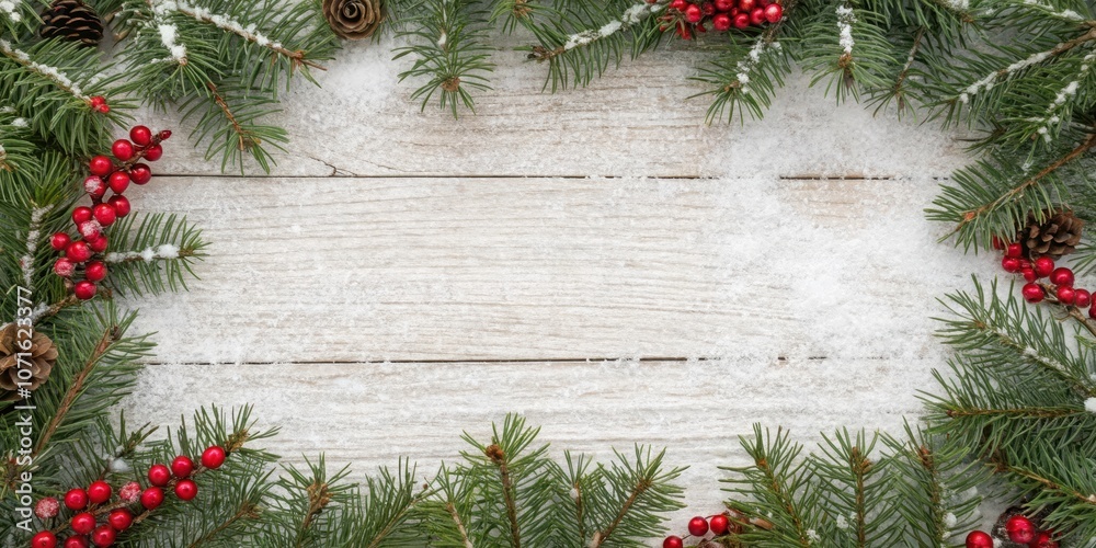 Snow-Covered Evergreen Branches Bordering a Rustic White Wooden Background with Red Berries and Pine Cones Snow-Covered Evergreen Branches Bordering a Rustic White Wooden Background with Red Berries and Pine Cones