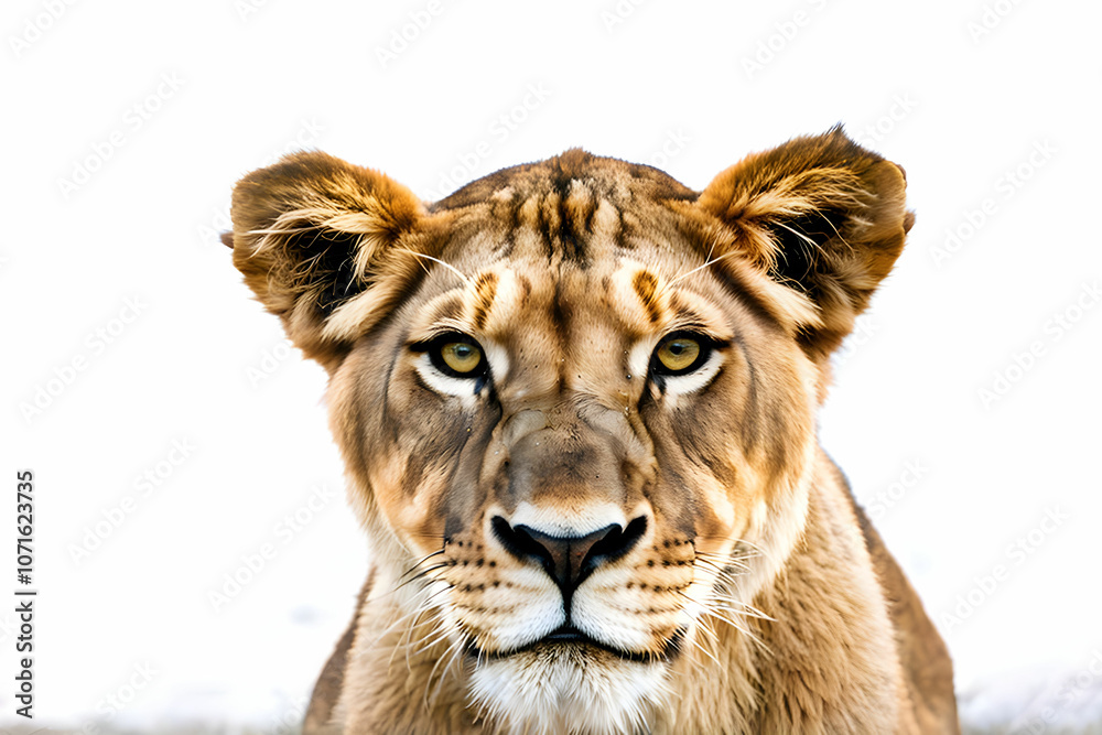 Close-Up Portrait of a Lioness Against isolate white Background Close-Up Portrait of a Lioness Against isolate white Background