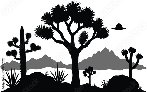 Joshua tree, black silhouette vector of joshua tree, cacti, agaves, and prickly pear