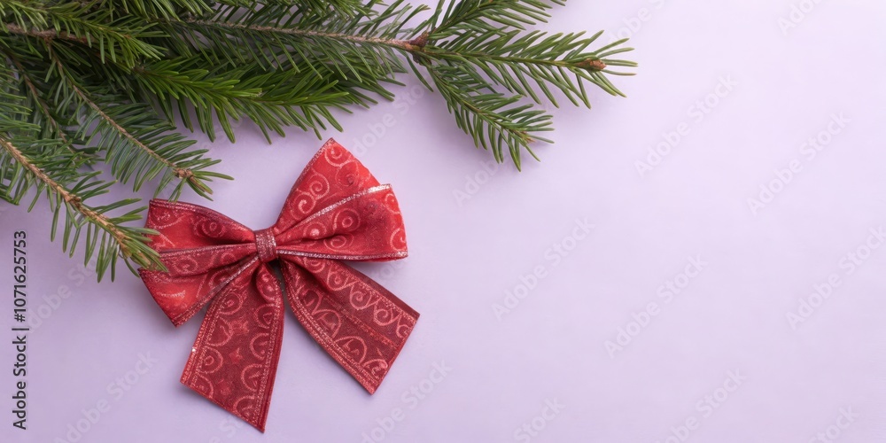 A festive red bow tied with silver thread, a single sprig of evergreen rests atop a light purple background, inviting the viewer to add their own holiday message. A festive red bow tied with silver thread, a single sprig of evergreen rests atop a light purple background, inviting the viewer to add their own holiday message.
