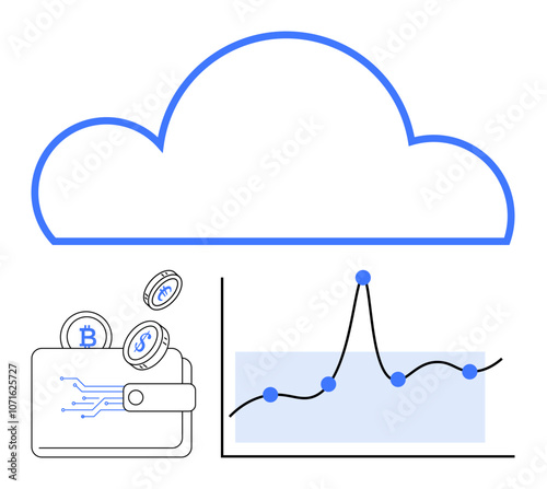 Cloud shape digital wallet cryptocurrency coins data chart. Ideal for finance, technology, cloud computing, cryptocurrency, data analysis, banking solutions, financial growth. Line metaphor