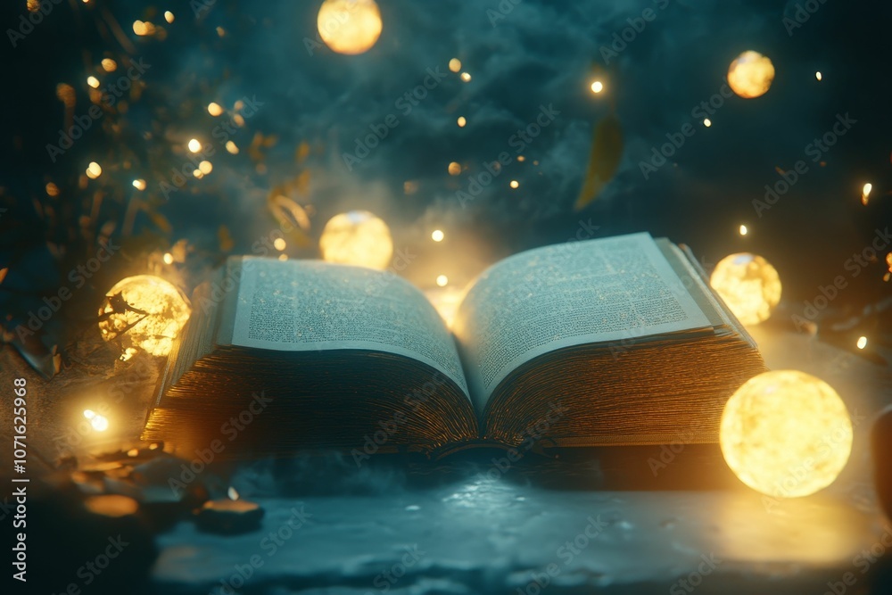 Naklejka premium An open book illuminated by glowing orbs.