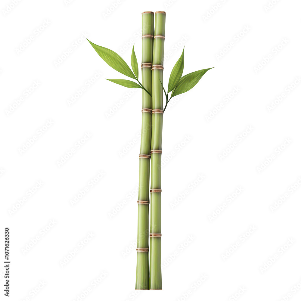 Obraz premium 3D illustration of tall bamboo stems with multiple green leaves, showcasing a realistic and elegant natural design. Isolated on transparent background, png.