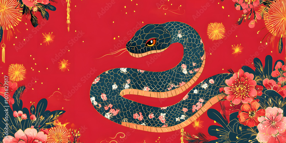 Obraz premium Gorgeous and luxurious Chinese Year of the Snake hand-painted artwork, illustration, wallpaper, commercial poster, poster, background, Chinese New Year, snake, year of the snake, 2025, zodiac,gold