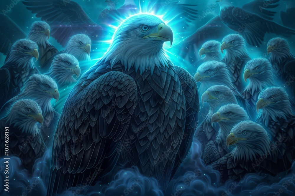 Obraz premium ai generated Illustration of a unique eagle standing out among many eagles with a glowing aura