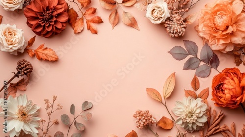 Flat lay various autumn-themed flowers leaves arranged circular Autumn composition Frame made