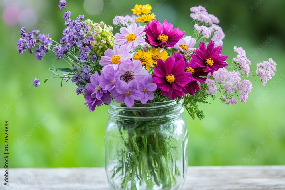 Colorful flowers in a glass jar on a table. Colorful flowers in a glass jar on a table.
