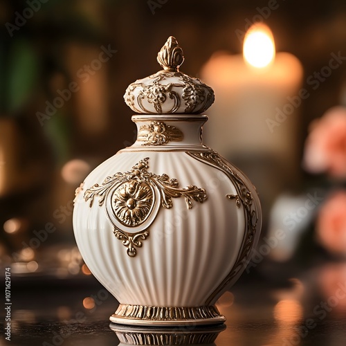 A sweet, warm fragrance of vanilla and coconut, housed in a refined, decorative bottle with a baroque-inspired design. photo