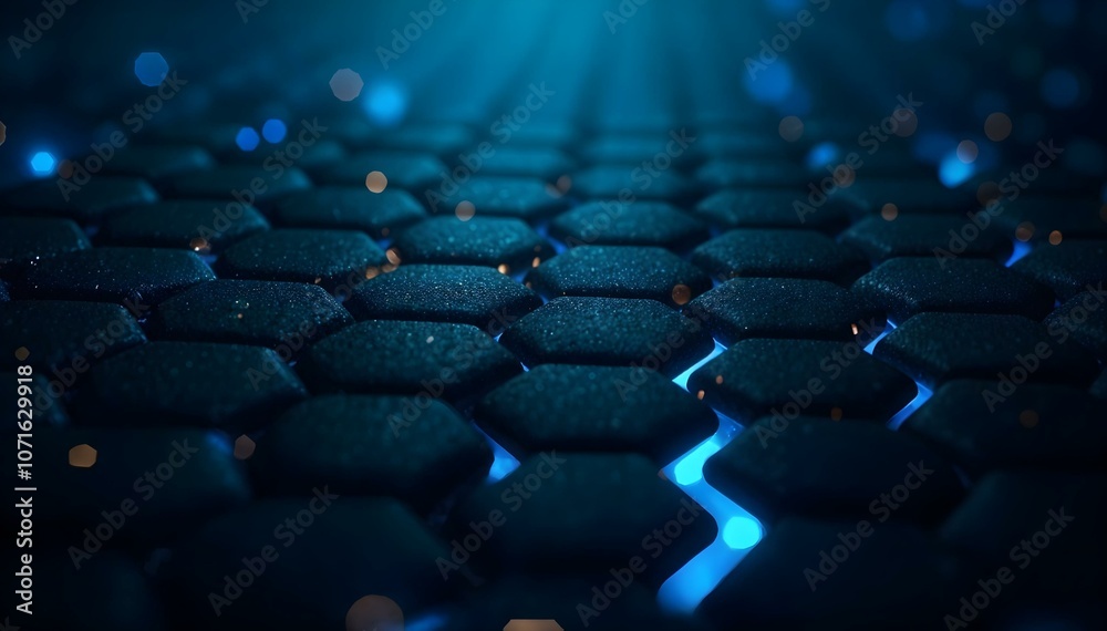 Fototapeta premium A dark, futuristic scene with a grid of glowing blue hexagons