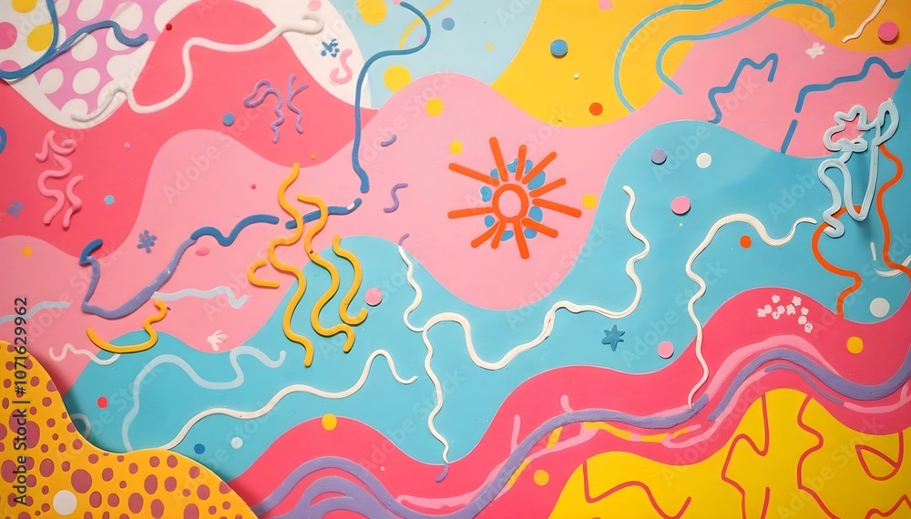 Fototapeta premium Colorful paper cut of sun and waves on colorful paper background.