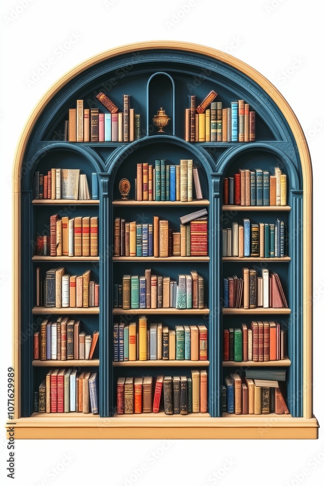 Arched bookshelf filled with old books. Arched bookshelf filled with old books.