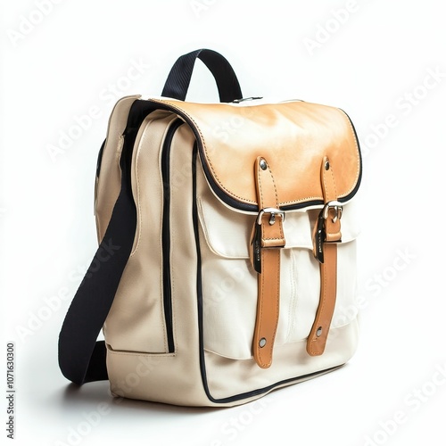 White leather bag with tan accents and buckles.