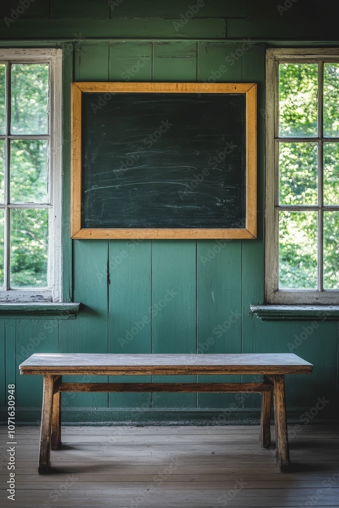 Fototapeta premium Old wooden bench in a room with windows and a