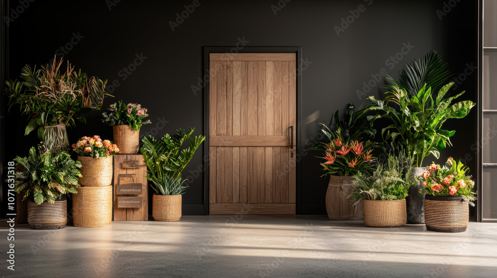 Fototapeta premium A stylish, modern entryway featuring an array of plants in decorative pots against a dark wall, creating a fresh and inviting atmosphere.