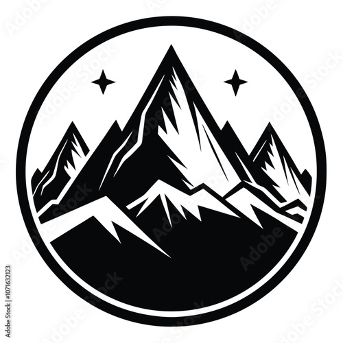 Mountain silhouette, vector icon. Rocky peaks. Mountains ranges. Black and white mountain vector icon