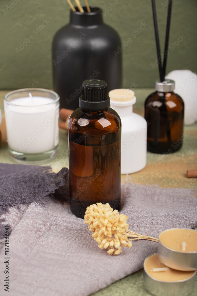 Amber Glass Bottle with Spa Accessories on Natural Wellness Background for Aromatherapy and Beauty Amber Glass Bottle with Spa Accessories on Natural Wellness Background for Aromatherapy and Beauty